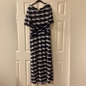 Beige By ECI Navy WhiteTextured Wavy Stripe Short Sleeve Maxi Dress Boho Chic 14